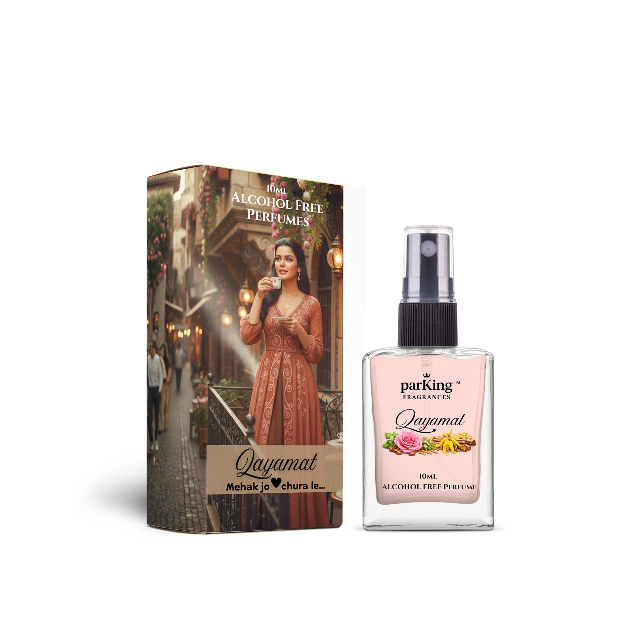 Alcohol-free perfume bottle and packaging with a woman on the box label.