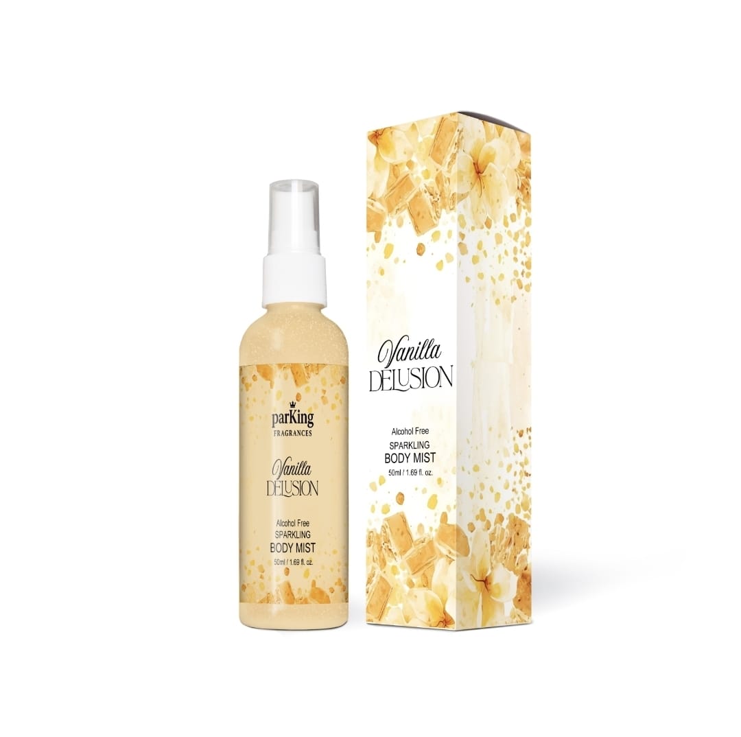 Vanilla Delusion sparkling body mist with packaging on a white background