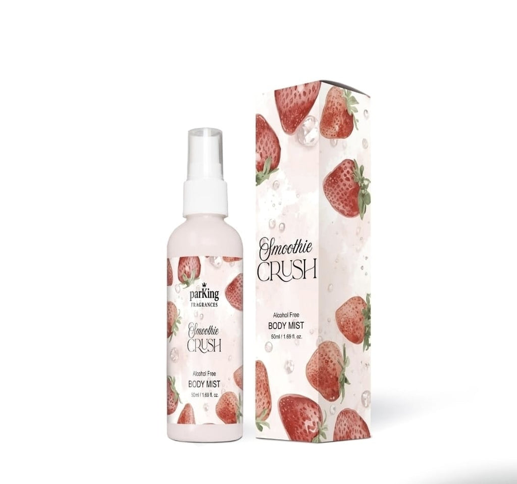 Body mist bottle and packaging with strawberry design on a white background