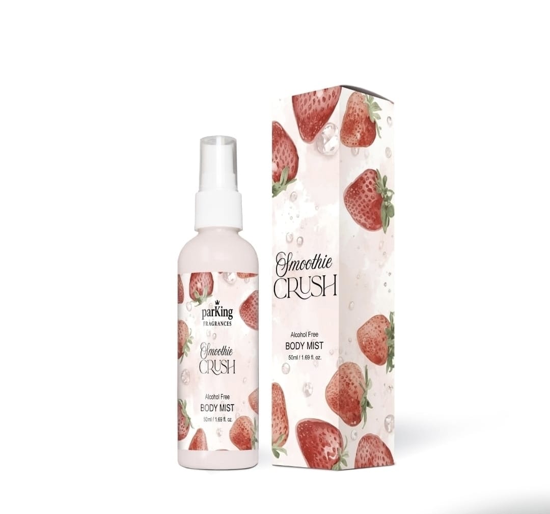 Body mist bottle and packaging with strawberry design on a white background