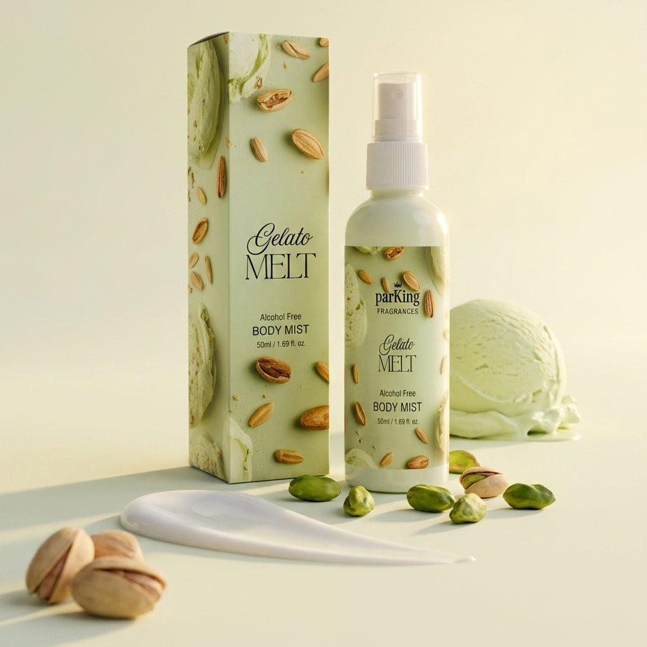 Body mist bottle and packaging with pistachios and ice cream on a light background