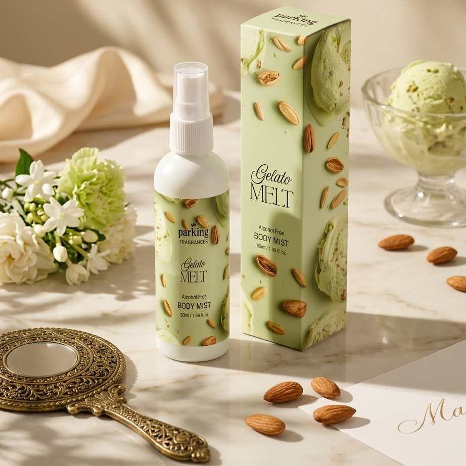 Body mist bottle and packaging with almonds and flowers on a light surface