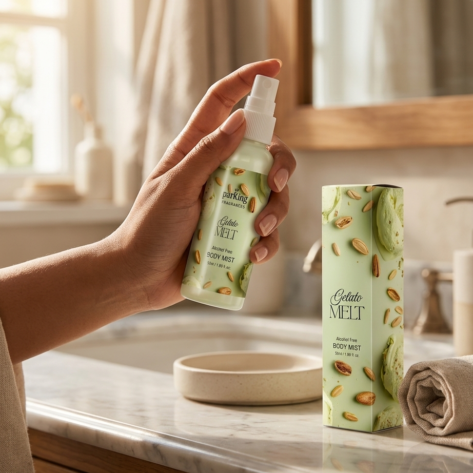 Hand holding a bottle of body mist on a bathroom counter with packaging in the background.