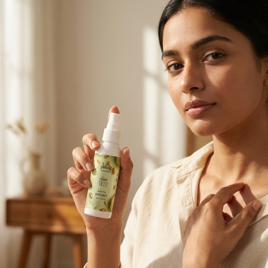 Woman holding a body mist product in a bright room